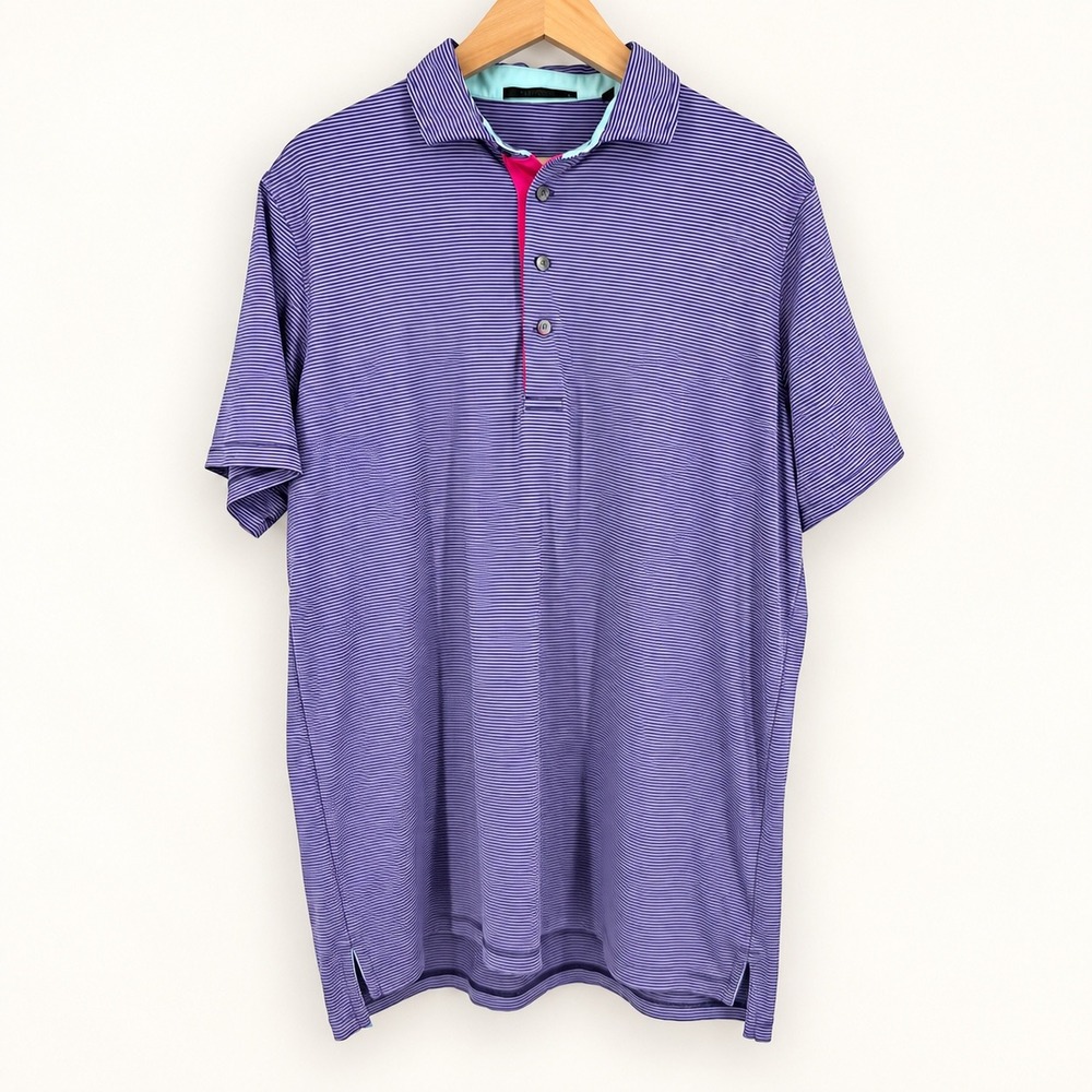 Greyson Mens Large Golf Polo Shirt Purple Pink Striped Preppy Performance Travel